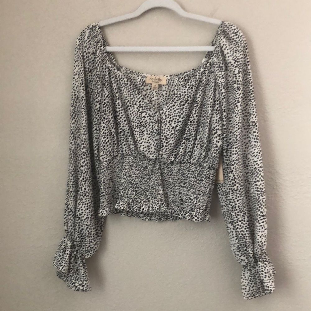 No Frills LA Size M Smocked Long Sleeve Crop Top Blouse Black White Polka Dots